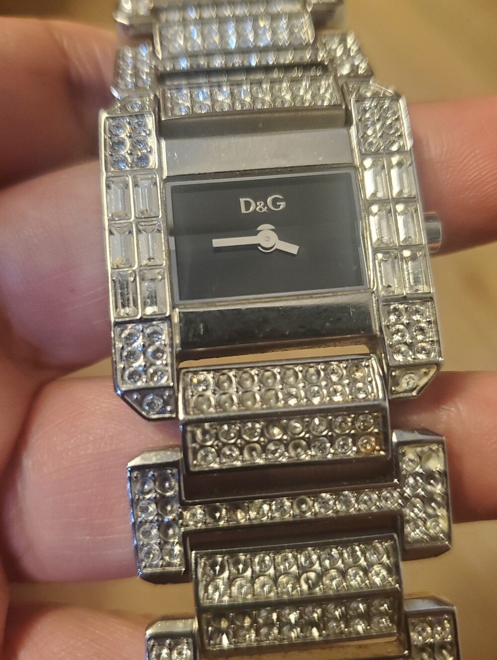 D&G Time Rhinestone Bracelet Watch Black Dial Y2K Cuff Bling - As Is